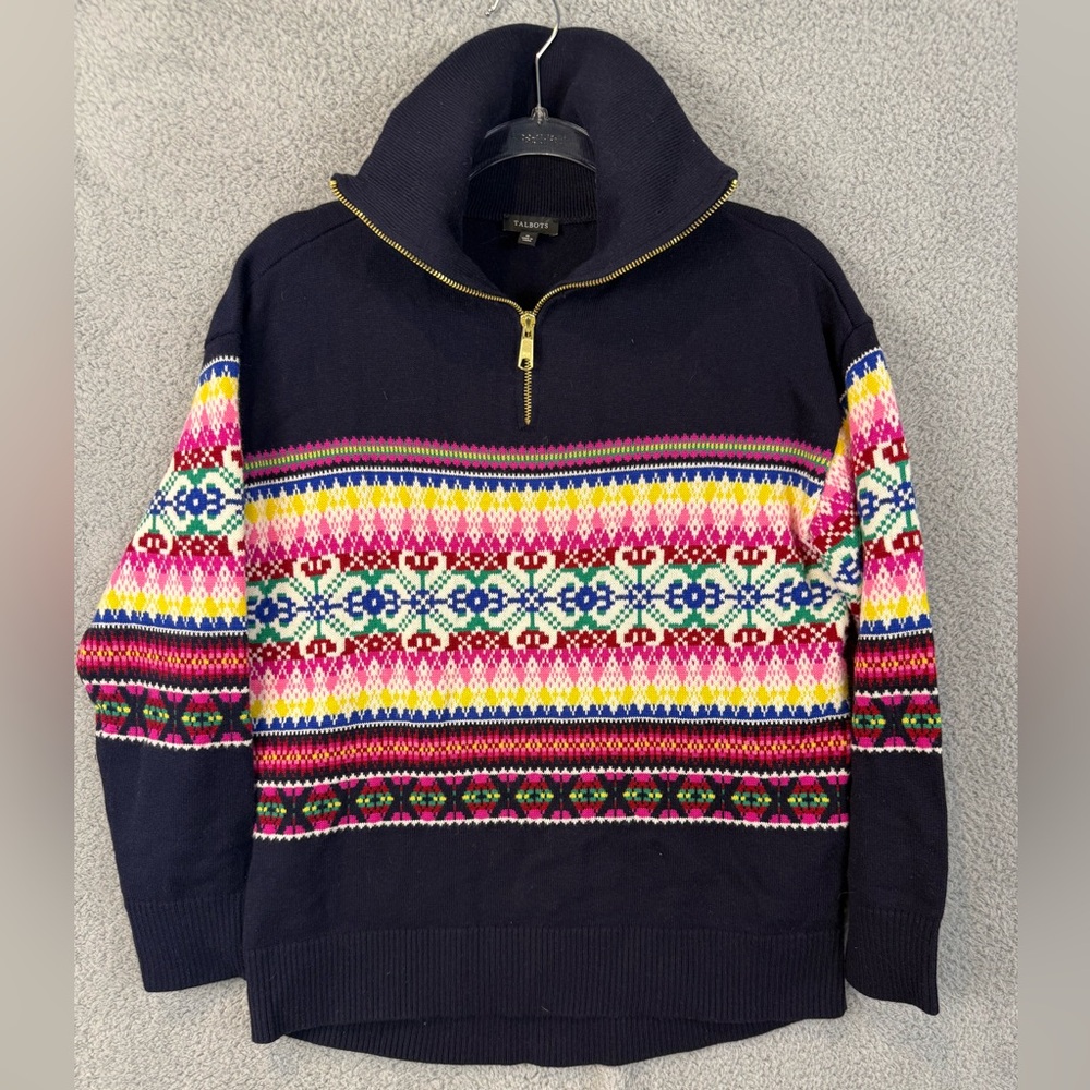 Talbots Navy Multicolor fair isle Zip Up Sweater